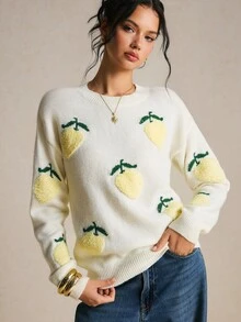 Poéselle 女款休閒可愛檸檬刺繡毛衣，白色毛衣，可愛上衣，適合外出、新年造型、節慶穿搭，秋冬款 - 杏色 - 查看 6