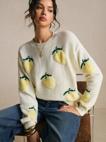 Poéselle 女款休閒可愛檸檬刺繡毛衣，白色毛衣，可愛上衣，適合外出、新年造型、節慶穿搭，秋冬款 - 杏色 - 查看 3