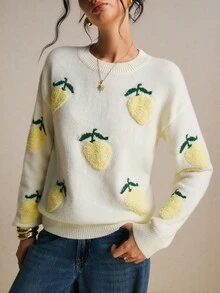 Poéselle 女款休閒可愛檸檬刺繡毛衣，白色毛衣，可愛上衣，適合外出、新年造型、節慶穿搭，秋冬款 - 杏色 - 查看 5