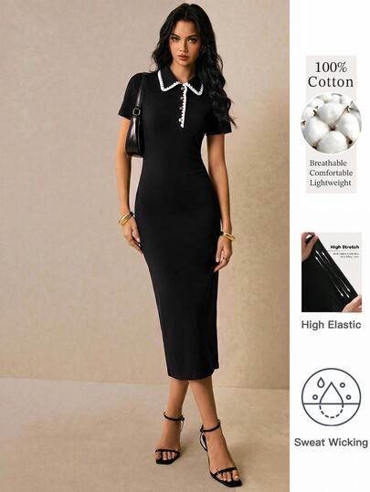 Poéselle Women's 2026 New 95% Cotton 5% Spandex Knit Midi Dress Polo Collar Contrast Shell‑Edge Embroidery Stretchy Fitted Dress For Office & Daily Casual Wear
