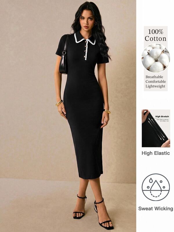 Poéselle Women's 2026 New 95% Cotton 5% Spandex Knit Midi Dress Polo Collar Contrast Shell‑Edge Embroidery Stretchy Fitted Dress For Office & Daily Casual Wear