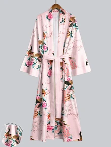 Irokai 孔雀牡丹櫻花枝葉印花寬袖和服外套罩衫 繫腰浴衣式長袍 日式 Yukata 桃紅色 正式婚禮款 - 彩色 - 查看 1