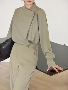 Dazy-Less 女款秋季休閒通勤襯衫與長褲兩件套 - 卡其色 - 查看 7