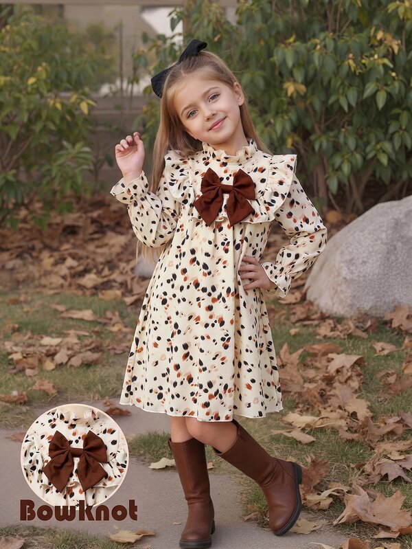 SHEIN Young Girls Cute Vacation Casual Apricot Floral Pattern Bow Long Sleeve Loose Dress, Autumn Floral Dress