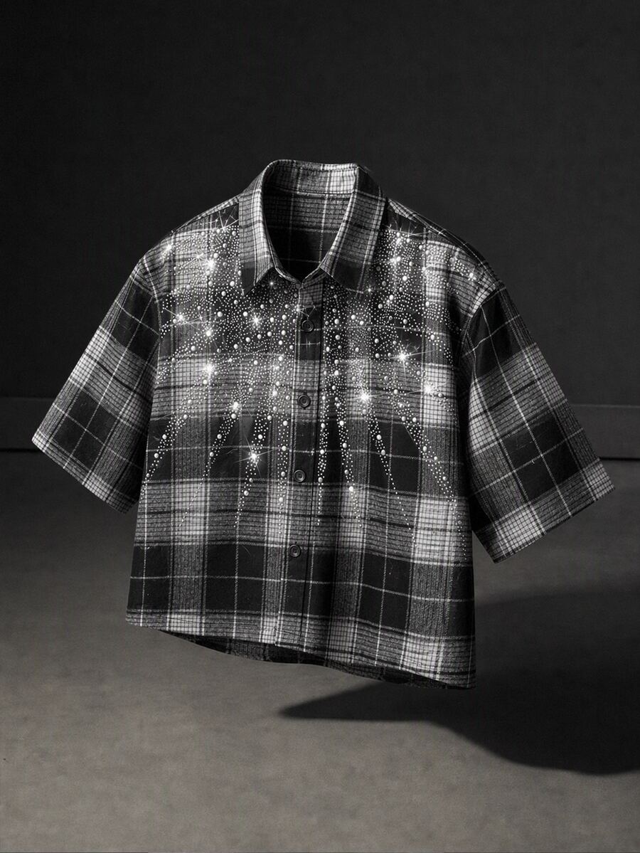 NEON BLANC Men's Summer Fashion Plaid Studded Rhinestone Shirt - Black and White - View 1