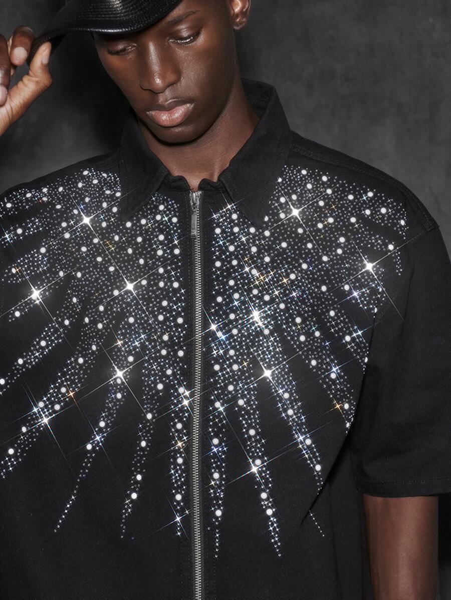 NEON BLANC Men's Black Denim Jacket With Beaded And Rhinestone Embellishments - Black - View 1