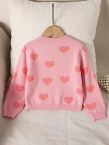 SHEIN Young Girl Young Girl Pink Young Girls Fitted Crew Neck Cardigan, Autumn/Winter Fall - Watermelon Pink - View 3