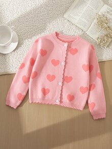 SHEIN Young Girl Young Girl Pink Young Girls Fitted Crew Neck Cardigan, Autumn/Winter Fall - Watermelon Pink - View 8