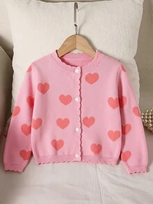 SHEIN Young Girl Young Girl Pink Young Girls Fitted Crew Neck Cardigan, Autumn/Winter Fall - Watermelon Pink - View 2