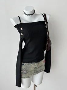 DAZY Women's Black Knit Top With Spaghetti Straps, Cold Shoulder Long Sleeves, Metal Button Decor, Fold-Over Design And Cinched Waist Fall - Black - View 2