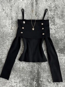 DAZY Women's Black Knit Top With Spaghetti Straps, Cold Shoulder Long Sleeves, Metal Button Decor, Fold-Over Design And Cinched Waist Fall - Black - View 4