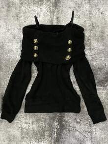 DAZY Women's Black Knit Top With Spaghetti Straps, Cold Shoulder Long Sleeves, Metal Button Decor, Fold-Over Design And Cinched Waist Fall - Black - View 1