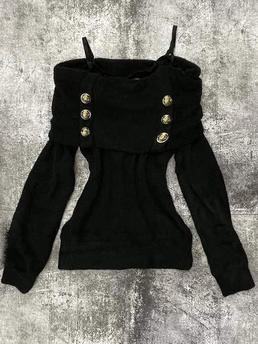 DAZY Women's Black Knit Top With Spaghetti Straps, Cold Shoulder Long Sleeves, Metal Button Decor, Fold-Over Design And Cinched Waist Fall - Black - View 1