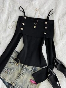 DAZY Women's Black Knit Top With Spaghetti Straps, Cold Shoulder Long Sleeves, Metal Button Decor, Fold-Over Design And Cinched Waist Fall - Black - View 3