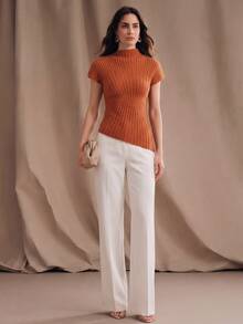 Anewsta Essential Top de punto ajustado con bajo asimétrico, estilo minimalista y elegante para el día a día, primavera/verano - Naranja - Ver 4