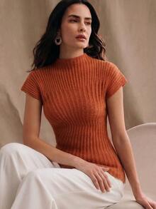 Anewsta Essential Top de punto ajustado con bajo asimétrico, estilo minimalista y elegante para el día a día, primavera/verano - Naranja - Ver 7