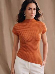 Anewsta Essential Top de punto ajustado con bajo asimétrico, estilo minimalista y elegante para el día a día, primavera/verano - Naranja - Ver 3