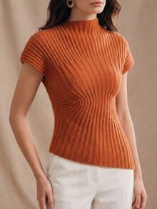 Anewsta Essential Top de punto ajustado con bajo asimétrico, estilo minimalista y elegante para el día a día, primavera/verano - Naranja - Ver 2