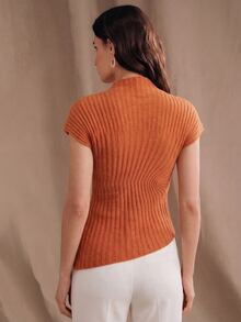 Anewsta Essential Top de punto ajustado con bajo asimétrico, estilo minimalista y elegante para el día a día, primavera/verano - Naranja - Ver 5