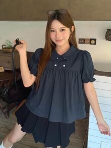 DAZY 女款領口格紋韓風清新全印花襯衫 - 藏蓝色 - 查看 4