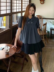 DAZY 女款領口格紋韓風清新全印花襯衫 - 藏蓝色 - 查看 5