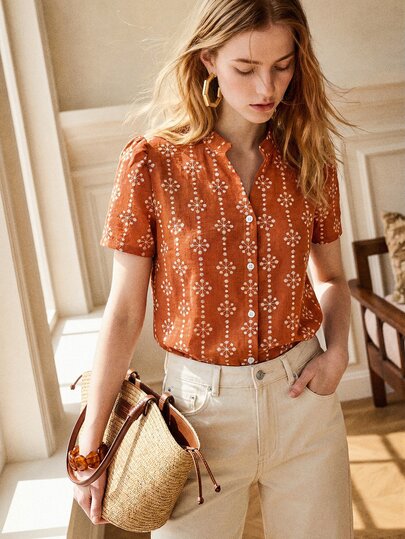SHEIN French Casual Vacation Women's Shirt, Women's Short Sleeve Shirt, Women's Top, French Puff Sleeve Shirt, French Romantic Faux Embroidery Print, V-Neck Women's Shirt, Summer Top, Mahogany Color Women's Top, Loose Women's Shirt, Summer Casual Shirt, Summer Clothing, Holiday Women's Wear, Floral Shirt, Versatile Casual Vacation Shirt