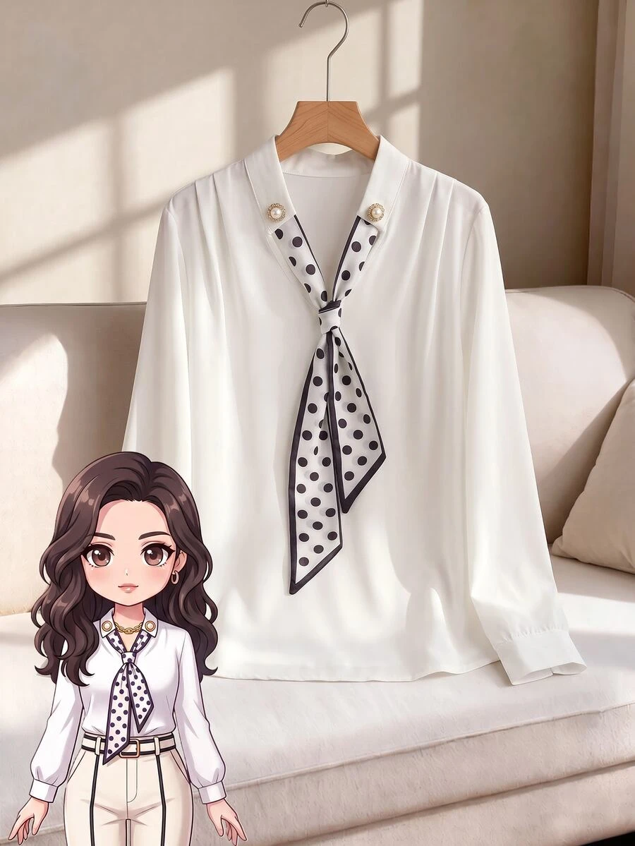 GlowEve CURVE Blus Putih Ukuran Besar Motif Polkadot dengan Tali Leher - MultiWarna - View 1