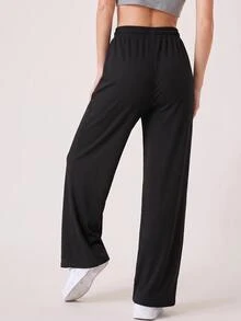 SHEIN BASICS 女款純色抽繩腰休閒運動風多功能日常穿著運動褲 健身慢跑 黑色 素色 秋季 健身房居家旅行 - 卡其色 - 查看 5
