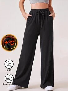 SHEIN BASICS 女款純色抽繩腰休閒運動風多功能日常穿著運動褲 健身慢跑 黑色 素色 秋季 健身房居家旅行 - 卡其色 - 查看 7