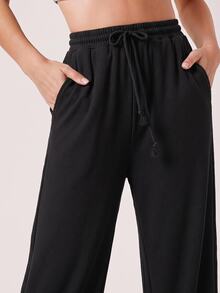 SHEIN BASICS 女款純色抽繩腰休閒運動風多功能日常穿著運動褲 健身慢跑 黑色 素色 秋季 健身房居家旅行 - 卡其色 - 查看 2