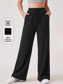 SHEIN BASICS 女款純色抽繩腰休閒運動風多功能日常穿著運動褲 健身慢跑 黑色 素色 秋季 健身房居家旅行 - 卡其色 - 查看 6