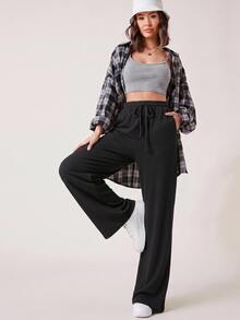 SHEIN BASICS 女款純色抽繩腰休閒運動風多功能日常穿著運動褲 健身慢跑 黑色 素色 秋季 健身房居家旅行 - 卡其色 - 查看 3