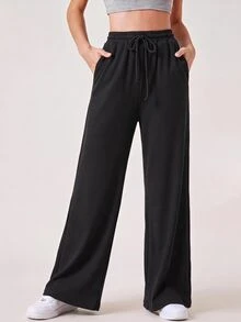 SHEIN BASICS 女款純色抽繩腰休閒運動風多功能日常穿著運動褲 健身慢跑 黑色 素色 秋季 健身房居家旅行 - 卡其色 - 查看 8