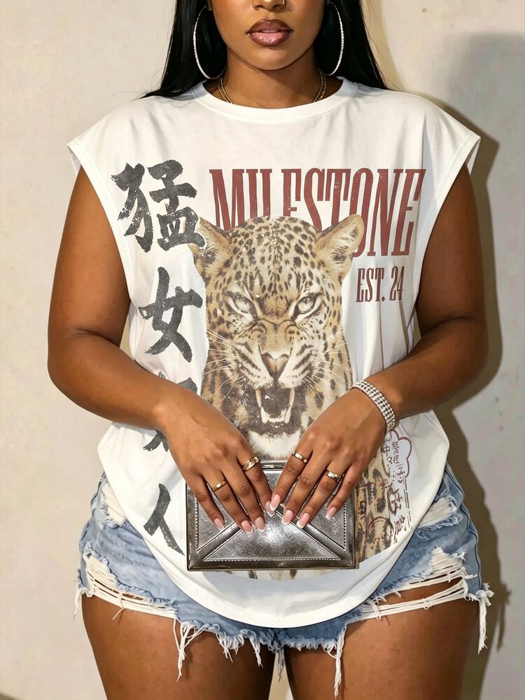 Slaydiva Vintage Loose Fit T-Shirt, Tiger Print, Y2K Style, Suitable For Daily Commute, Dating, Party, Autumn/Winter/Spring/Summer - Multicolor - View 1