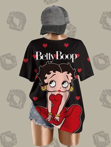 Betty Boop x SHEIN 大尺碼女款字母卡通印花休閒街頭風日常短袖T恤，適合外出聚會，黑色夏季款 - 白色 - 查看 8