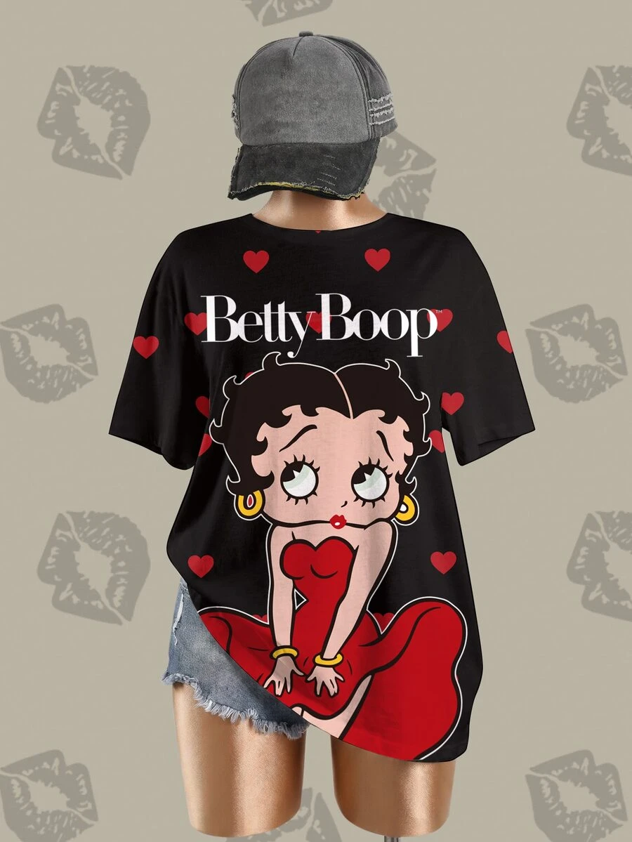 Betty Boop x SHEIN 大尺碼女款字母卡通印花休閒街頭風日常短袖T恤,適合外出聚會,黑色夏季款 - 白色 - 查看 1