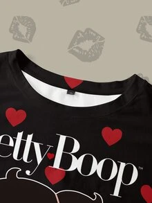 Betty Boop x SHEIN 大尺碼女款字母卡通印花休閒街頭風日常短袖T恤，適合外出聚會，黑色夏季款 - 白色 - 查看 4