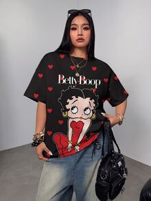Betty Boop x SHEIN 大尺碼女款字母卡通印花休閒街頭風日常短袖T恤，適合外出聚會，黑色夏季款 - 白色 - 查看 3