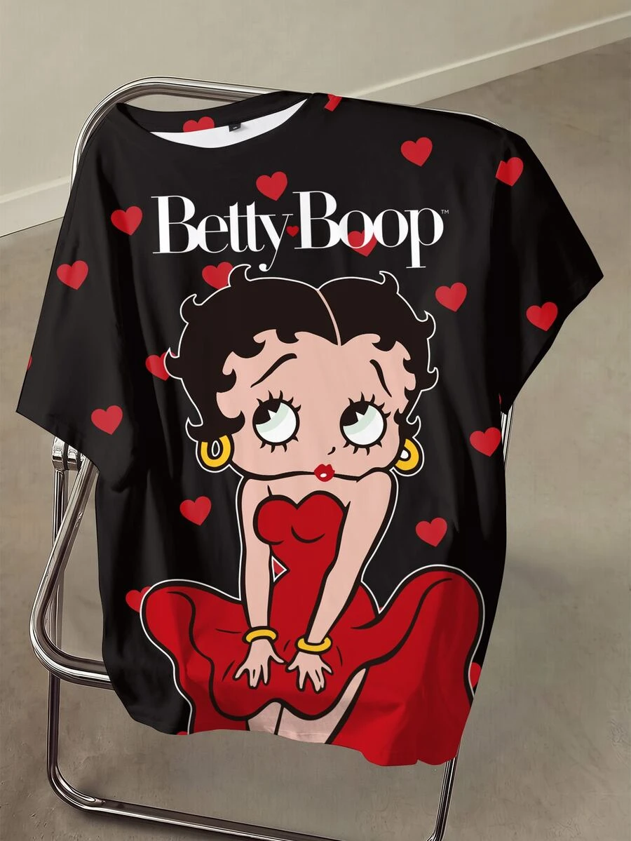 Betty Boop x SHEIN 大尺碼女款字母卡通印花休閒街頭風日常短袖T恤,適合外出聚會,黑色夏季款 - 白色 - 查看 1