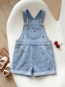 SHEIN شورتات دنيم فضفاضة زرقاء فاتحة للبنات مع نمط تطريز زهري وحافة ملفوفة - أزرق فاتح - مشاهدة 7