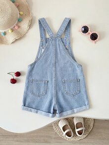 SHEIN شورتات دنيم فضفاضة زرقاء فاتحة للبنات مع نمط تطريز زهري وحافة ملفوفة - أزرق فاتح - مشاهدة 3