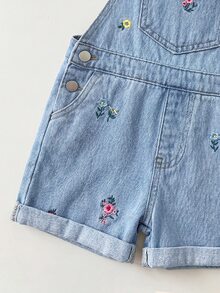 SHEIN شورتات دنيم فضفاضة زرقاء فاتحة للبنات مع نمط تطريز زهري وحافة ملفوفة - أزرق فاتح - مشاهدة 8