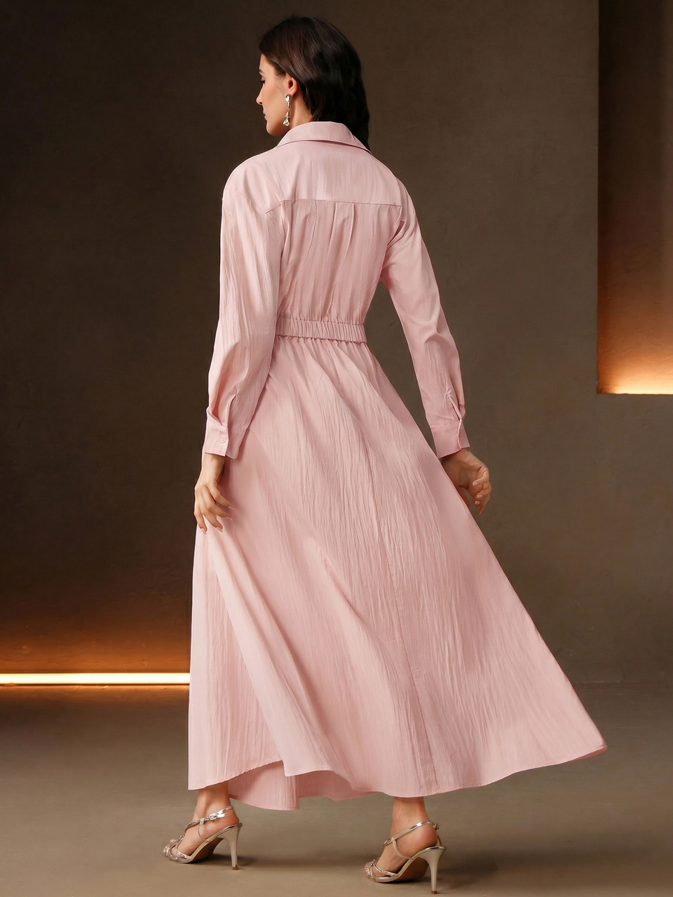 Anewsta Spring, Festival, Holiday, Vacation Elegant Loose Fit Waist Cinched Shoulder Drop Shirt Dress For Women