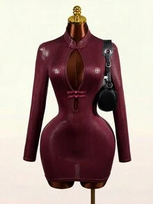 Mistrie Fashionable Sexy Hollow-Out Bodycon Dress - Burgundy - View 4