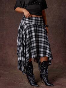 Rustia Plus Size Women's New Asymmetrical Hem Plaid Midi Skirt, Vintage Y2K Street Style Fall - Black and White - View 4