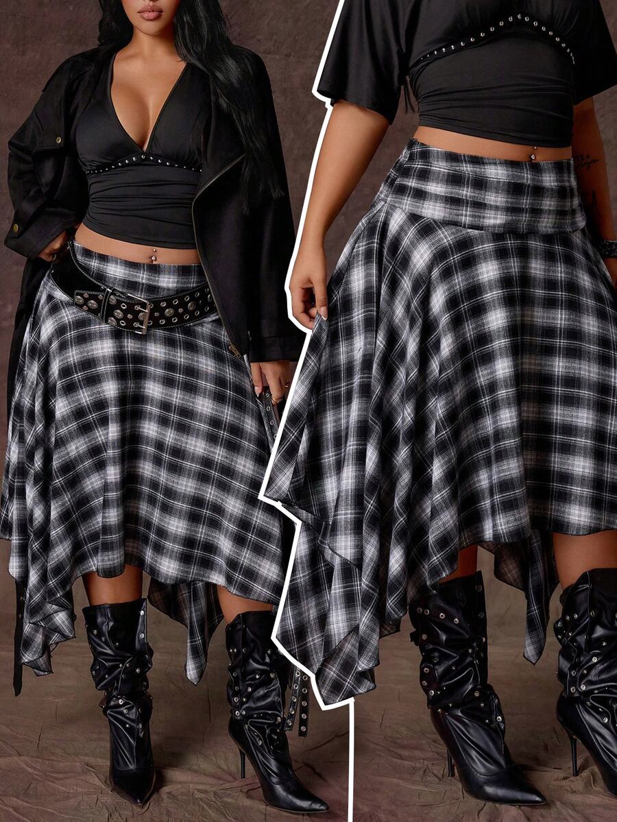 Rustia Plus Size Women's New Asymmetrical Hem Plaid Midi Skirt, Vintage Y2K Street Style Fall - Black and White - View 1