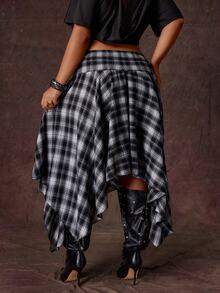 Rustia Plus Size Women's New Asymmetrical Hem Plaid Midi Skirt, Vintage Y2K Street Style Fall - Black and White - View 2