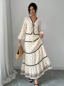 SHEIN Raffinéa 法式優雅燈籠袖 3D 波浪荷葉邊蝴蝶結長袖上衣 + 裙子兩件套 波希米亞風印花杏色 - 杏色 - 查看 5