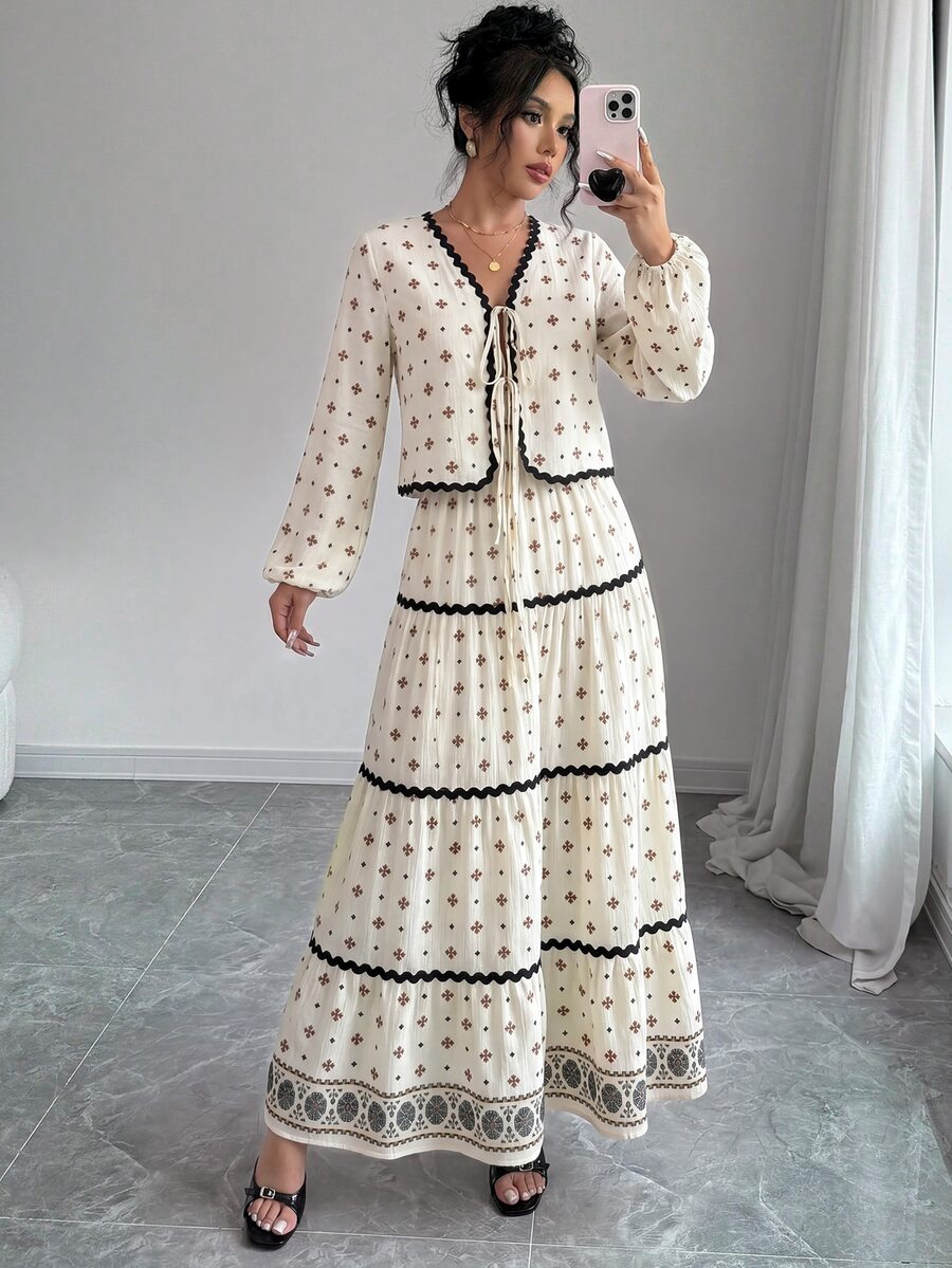 SHEIN Raffinéa 法式優雅燈籠袖 3D 波浪荷葉邊蝴蝶結長袖上衣 + 裙子兩件套 波希米亞風印花杏色