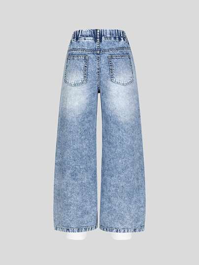 Tween Girls Denim Jeans,Cute Rabbit Print,Loose Wide Leg,Comfortable Cotton,School,Back-To-School,All Season Aqua Blue Autumn Casual Jeans For Girls